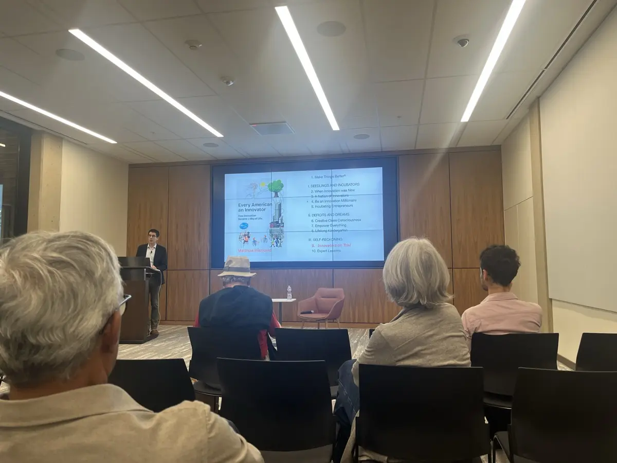 Matt Wisnioski presenting at Stanford, slide showing Every American an Innovator